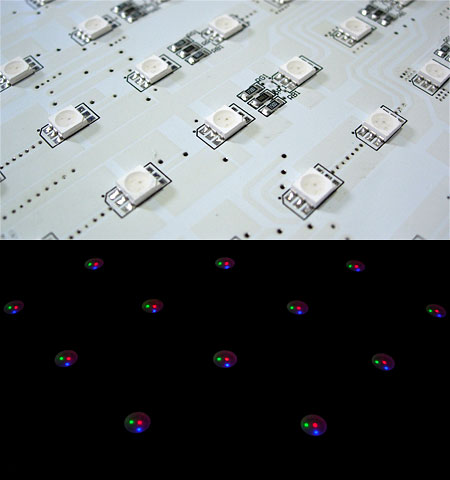 LEDWALKERのRGB-LED素子と点灯の様子