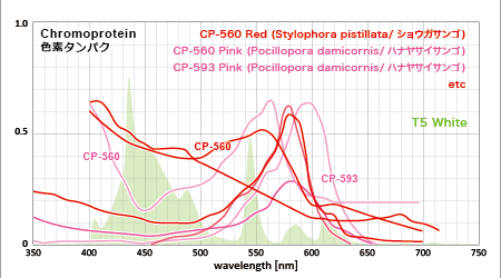 赤い色素タンパクの吸収スペクトルとアクアT5の3波長スペクトル