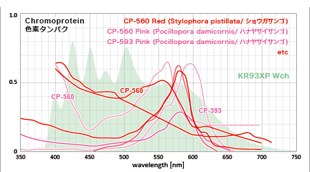 赤い色素タンパクの吸収スペクトルとKR93XP Wchのスペクトル